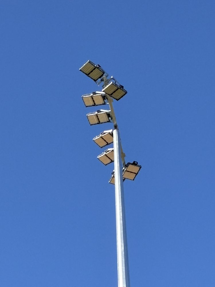 Floodlighting Poles - PETER SUTHERLAND OVAL, PARABURDOO 1 Peter Sutherland Oval, Paraburdoo floodlighting lights close up