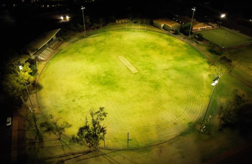 28M Floodlighting Poles at Clem Thompson Oval in Tom Price aerial night shot